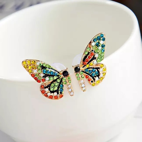 Colorful Butterfly Rhinestones Stud Earrings - Picture 5 of 10